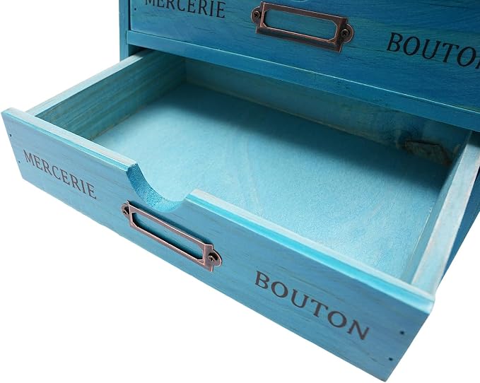 5 Drawer Wooden Desk Organizer, Wooden Storage Box Desktop Storage, Countertop Drawers Library Card Catalog Cabinet Apothecary Cabinet, Vintage Wood Home Office Desk Organizer (Blue) - Image 6
