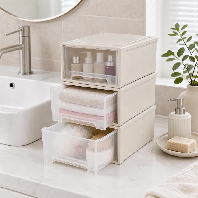 Jekiyo 12 Quart Plastic Stackable Desktop Organizer Drawer Box Pack of 3 - Image 2