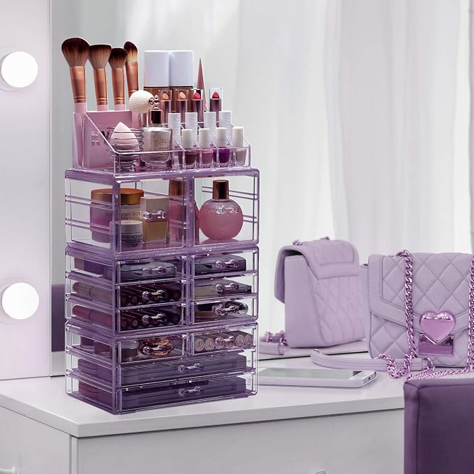 Sorbus Large Makeup Organizer - Clear Stackable Jewelry & Makeup Organizer For Vanity, Bathroom Storage, Dresser - 12 Drawers Cosmetic Beauty Organizers and Storage with Lipstick, Makeup Brush Holder - Image 6