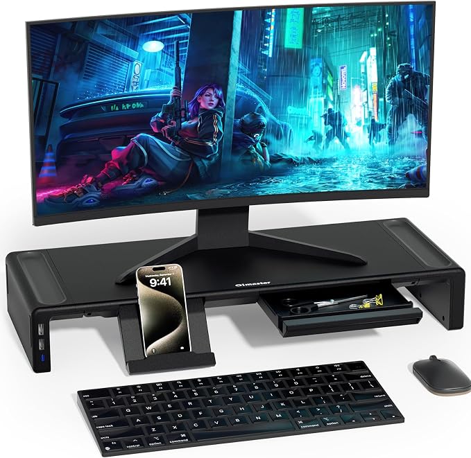 Adjustable Monitor Stand Riser with Drawer - Foldable Computer Stand for Desk, Desktop Organizer with Phone Holder & Pen Slot, Space Saving Laptop Riser for Home Office, Black by Olmaster
