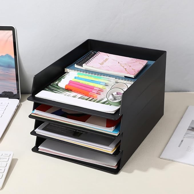 6 Pcs Stackable Paper Trays Rectangular Plastic Desk Holder Desktop Document File Organizer Storage Letter for Office Classroom (Black) - Image 7