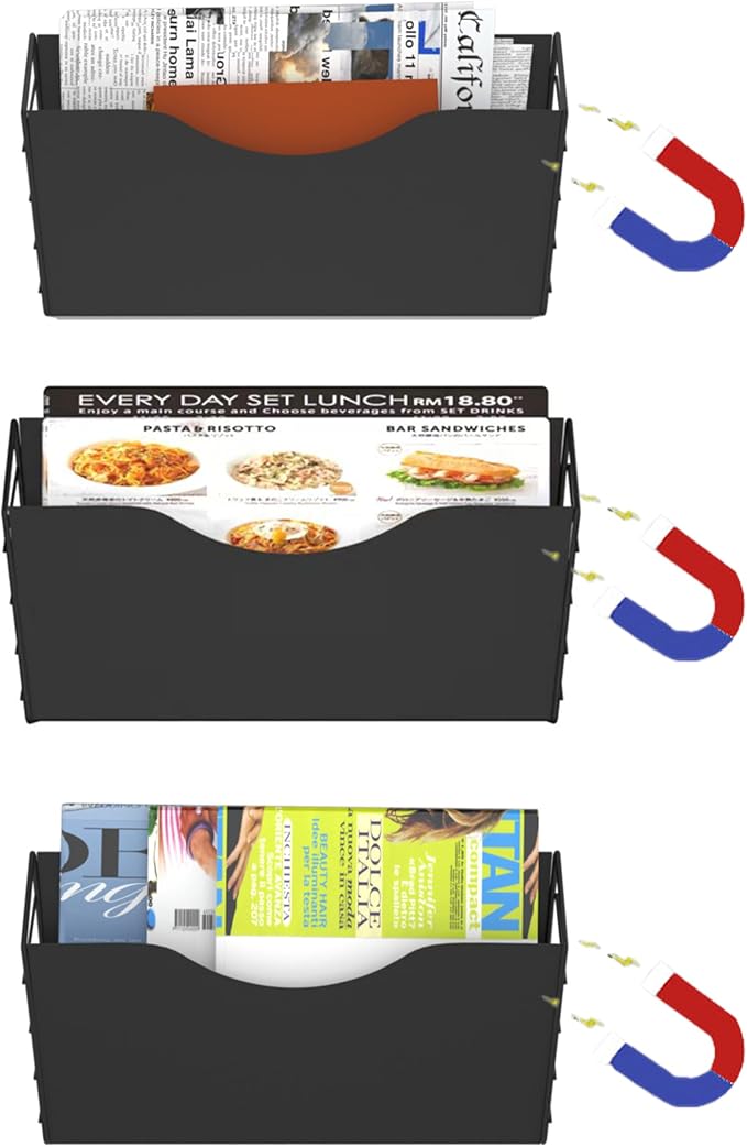 3 Pockets Magnetic File Holder for File Cabinets, Refrigerator, Whiteboard, Paper Organizer, Mail or Folder Holder, Magazine Rack,Wall Mount Hanging Mail Organizer (black) by BSJYMJIAJU