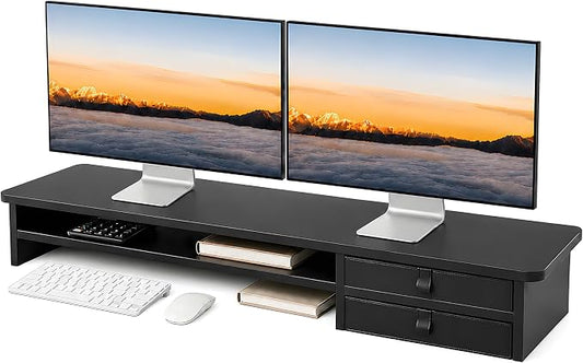 Dual Monitor Stand, 42.5 Inch Wood Monitor Riser with Drawers, 2 Tier Desktop Organizer for Computer Laptop TV, Large Screen Stand for Home Office Desk by ExaDesk