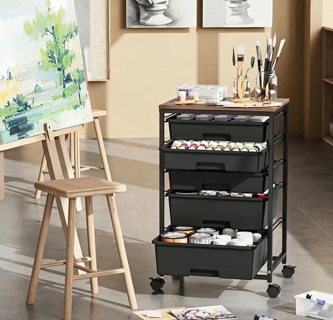 SYKIARIOL 5-Tier Rolling Cart with Drawers with Wooden Top, Black | Mobile Craft Storage Drawer Cart Trolley for Home Office, Classroom, Craft Room & Kid Room - Image 2