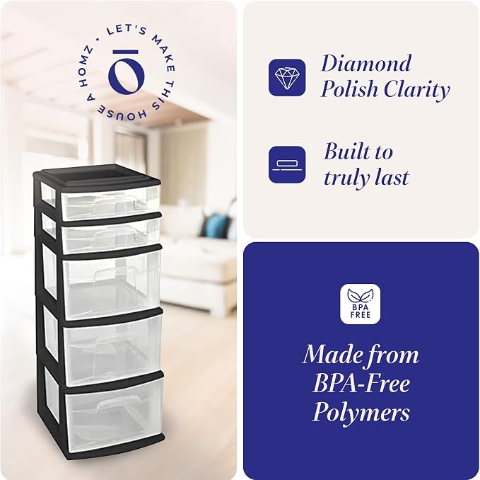 HOMZ 2-Pack Drawer Tower, 5-Tier Clear Plastic Storage Organizer Unit, Black Frame - Multi-Purpose Container Drawers for Bedroom, Bathroom, and Office Organization - Image 4