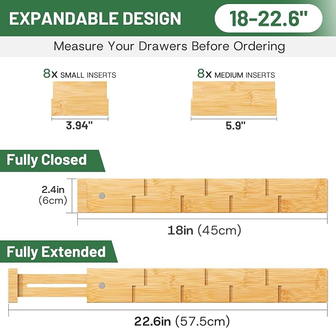 kiplant Kitchen Drawer Dividers - Adjustable Drawer Organizer for Clothes, Kitchen, Closet & Office - 8 Pack with Inserts, 18-22.6 Inches, Non-Slip Silicone Ends - Image 2