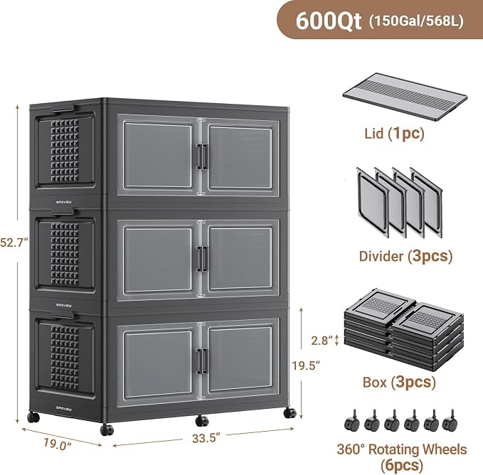 BROVIEW 600 Qt Stackable Storage Bins Foldable Cabinet, V40 Black 3-Pack | Extra Large Collapsible Storage Bins with Lid Doors Wheels Dividers, Closet Organizers and Storage Drawer for Home Office - Image 2