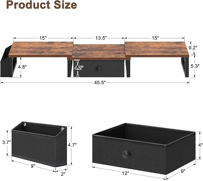 LAND·VOI Heavy Duty Dual Monitor Stand, Holds 2 Screens Up to 27 Inches, Adjustable Length and Angle Monitor Riser, Desk Organizer with Side Pockets and Drawers, Home Office Desk Storage, Rustic Brown - Image 7
