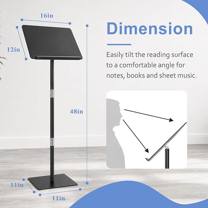 Podium Stand, Lecterns & Podiums, Acrylic Podium, Portable Podium Stand, Adjustable Angles with Metal Base, Podium for Classroom, Church, Weddings, Speech, 16" L x 12" W x 48" H, Black - Image 3