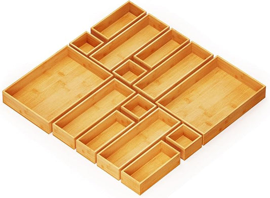 SpaceAid 14-Piece Bamboo Drawer Organizer Storage Boxes Set, Wood Tray Junk Drawer Organizers Multi-Use Divider Bins for Kitchen, Bathroom, Office Desk and Makeup Organization (14 Pack, Natural) by SpaceAid