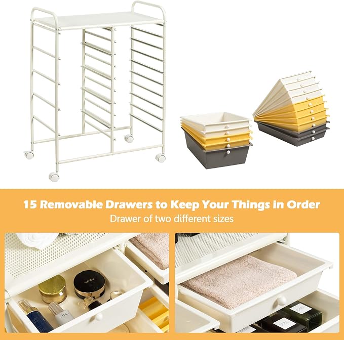 DORTALA 15-Drawer Rolling Storage Cart with Drawers, Rolling Utility Cart w/Removable Drawers & Universal Wheels, Tools Scrapbook Paper Organizer for School, Office, Home, Classroom (Yellow) - Image 6