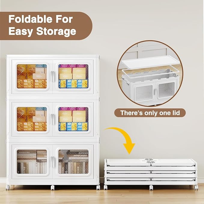 BROVIEW 900 Qt/225 Gal Stackable Storage Bins with Lids, 3 Pack, White | Large Stackable Storage Boxes w/ 1 Lid Folding Plastic Cart Organizer for Home Kitchen, Open Front Clear Door with Wheels - Image 4