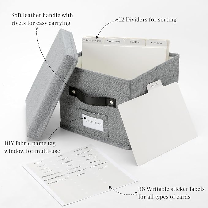 Greeting Card Organizer with dividers - Storage Box with lid Holds 150+ Cards - Assortment Box for Greeting Cards,Recipes, Photos, Envelopes, Keepsake - 9 x 9 x 7 Inches (Gray, 1 pcs) - Image 4