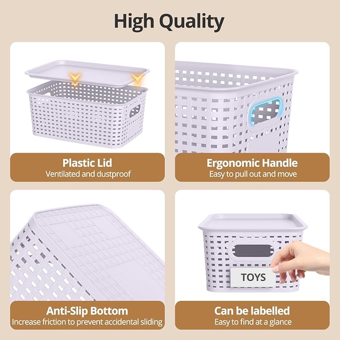 Plastic Storage Basket with Lid, Stackable Small Box Bins for Organizing and Containers for Shelves Drawers Desktop Closet Playroom Pantry Classroom Office Home, 8 Pack 10.2"x7.2"x4.1" Lavender - Image 6