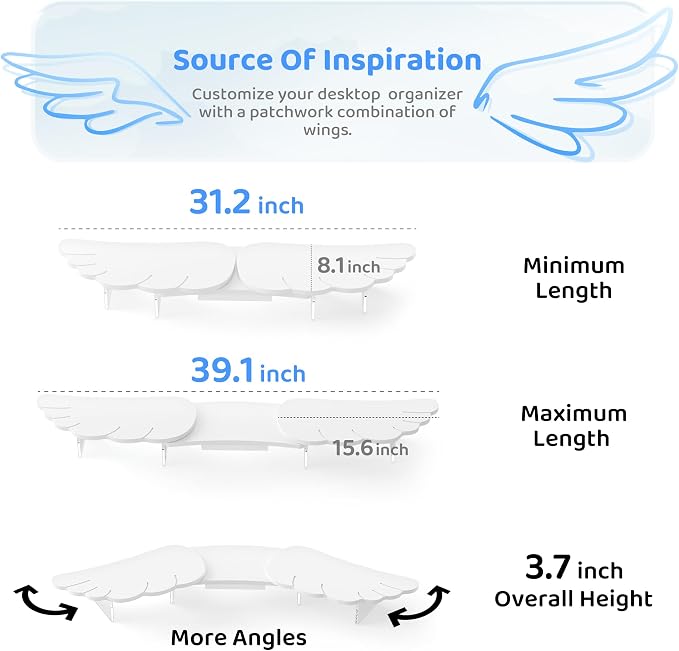 AFOOYO Dual Monitor Stand Riser, Wing-Shaped Sturdy Desktop Wood Stand for 2 Monitors, White Riser for Laptop, PC, Computer - Image 5