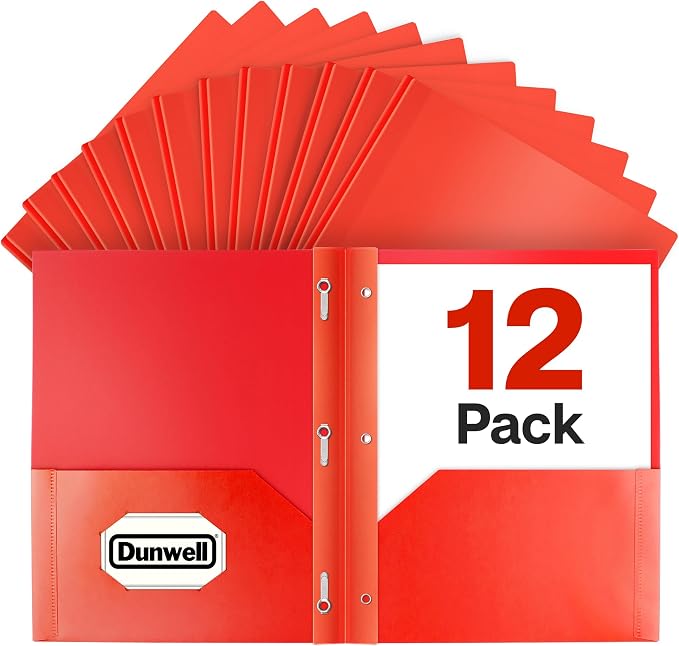 Dunwell Plastic 2-Pocket Folders with 3 Prongs, Red, 12 Pack, Poly | Durable Acid-Free Poly with Fasteners, Long-Term School & Office Use, Labels Included by Dunwell