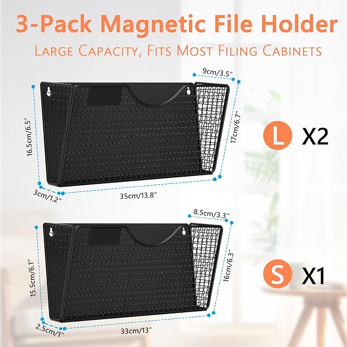 MFTEK Magnetic File Holder, 3 Pockets Magnetic File Folder Holder No Drilling Magnet Paper Mail Organizer Magazine Basket, Hanging Wall Storage Rack for Fridge Cabinets Office Classroom - Image 7