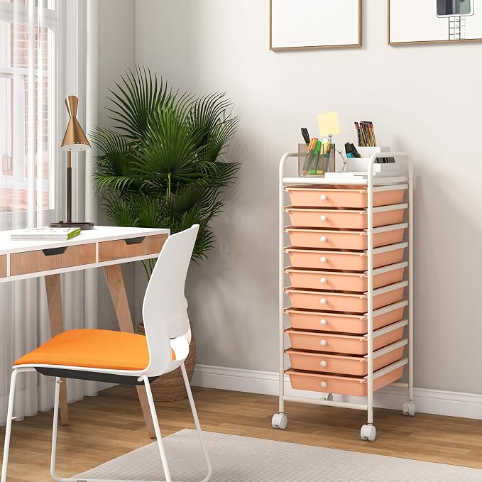 Storage Cart, Rolling Utility Cart with 10 Drawers, Portable Handles & Lockable Wheels, Mobile Paper Toys Storage Organizer Large Capacity for Home Office School Teacher (Peach) - Image 2