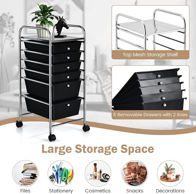 COSTWAY 6-Drawer Rolling Storage Cart, Art Craft Tools Organizer on Wheels | Multifunctional Heavy Duty Utility Mobile Storage Trolley w/ 2 Lockable Wheels for Home Office School (Black) - Image 4