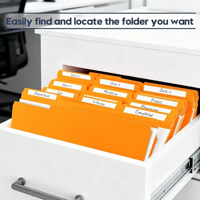 File Folders,Colored File Folders Letter Size,8.5" x 11",150 Pack 1/3 Cut Tab Bulk Folders,Durable Paper Folders with Blank Labels for Office Business School Home Use,Pumpkin Orange - Image 6