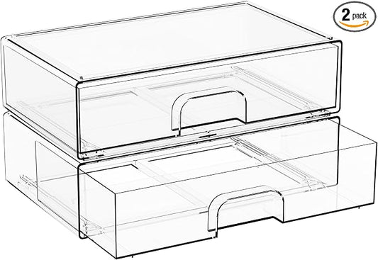 2 Pack Acrylic Drawer Organizer,12.2''W Clear Stackable Storage Drawers,Acrylic Boxes for Storage Makeup Palettes,Cosmetics,Pull Out Bathroom Storage Bins for Hair Products,Medicine Cabinet Organizer by Yieach