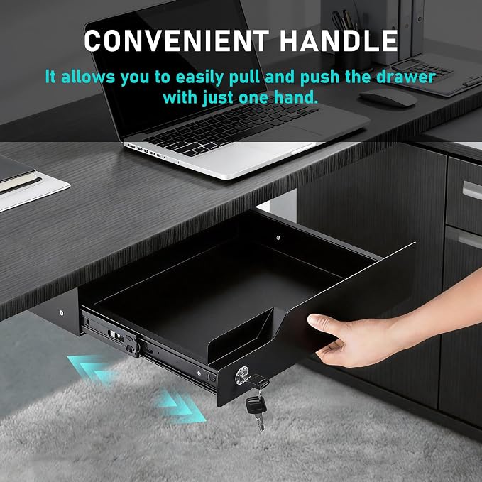 Under Desk Drawer Storage with Lock, Metal Undermount Table Drawer, Ball Bearing Slides Out Tray Organizer for Paper, Pencil, and Laptop 16"x11.8"x3.6", Black - Image 7