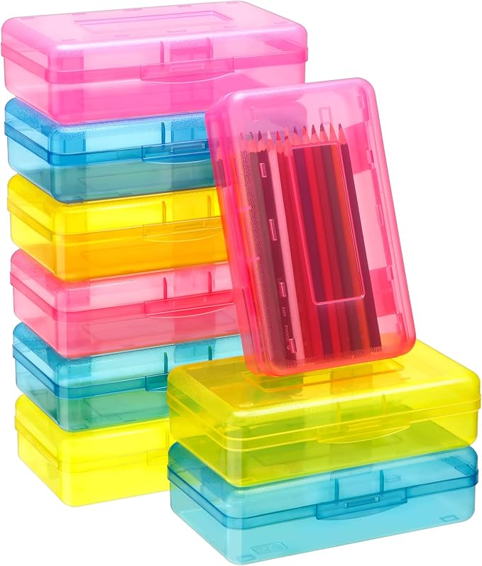 Leelosp 12 Pack Clear Pencil Boxes for School Bulk, Large Plastic Pencil Case with Lid, Stackable Hard Crayon Storage Box for Classroom Kids, Desk Drawer Organizer for Office Home(Pink Yellow Blue) by Leelosp