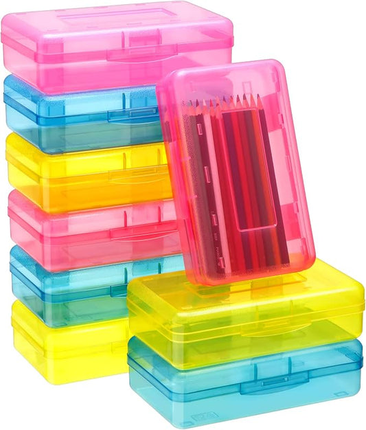 Leelosp 12 Pack Clear Pencil Boxes for School Bulk, Large Plastic Pencil Case with Lid, Stackable Hard Crayon Storage Box for Classroom Kids, Desk Drawer Organizer for Office Home(Pink Yellow Blue) by Leelosp