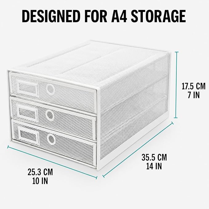 Exerz Paper Sorter 3 Drawer Wire Mesh A4 / Desk Multifunctional Desk Organiser/Multi-Layer Letter Tray - for Documents, Magazines, Notebooks and Letter (White) | Desk Organiser Pull Out Trays Keep Files Letters Magazines Folders Notebooks Neatly Separa... - Image 2