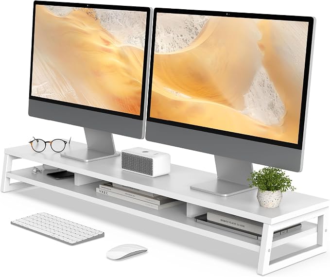 Fenge Dual Monitor Riser for Desk, Open Shelf with 3 Storage Compartments | 42.5in Computer Monitor Stand, 2-Tier Desk Shelf for Top of Desk,One-Piece Panel, fit Ultrawide Monitor, PC, Laptop, White by Fenge