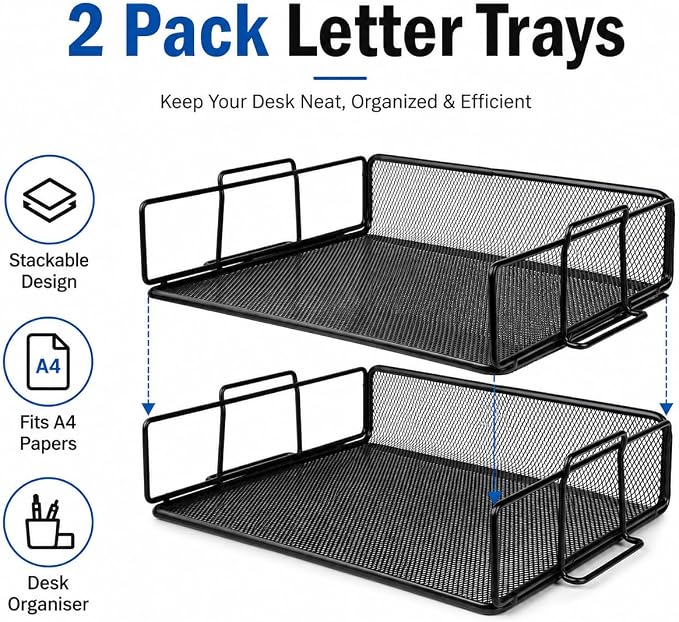 Exerz Letter Trays Stackable Paper Sorter/Desk Organiser/File Tray for Desk - Wire Mesh Metal File Rack - Office, School, Home Study (Black 2pcs) | Two Tier Metal Mesh Stackable Saves Desk Space Holds A4 Papers Folders Notebooks Magazines For Office Ho... - Image 3