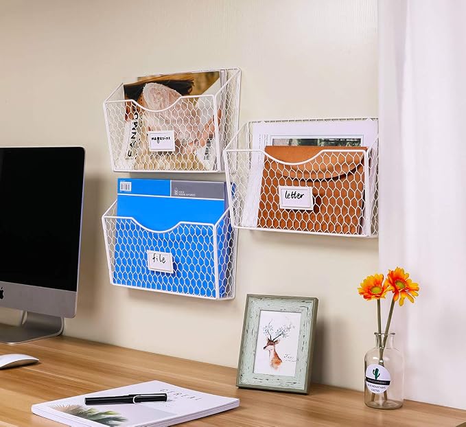 3 Pockets Hanging File Holder Wall Mount Mail Organizer Metal Chicken Wire Magazine Rack with Tag Slot, White - Image 5