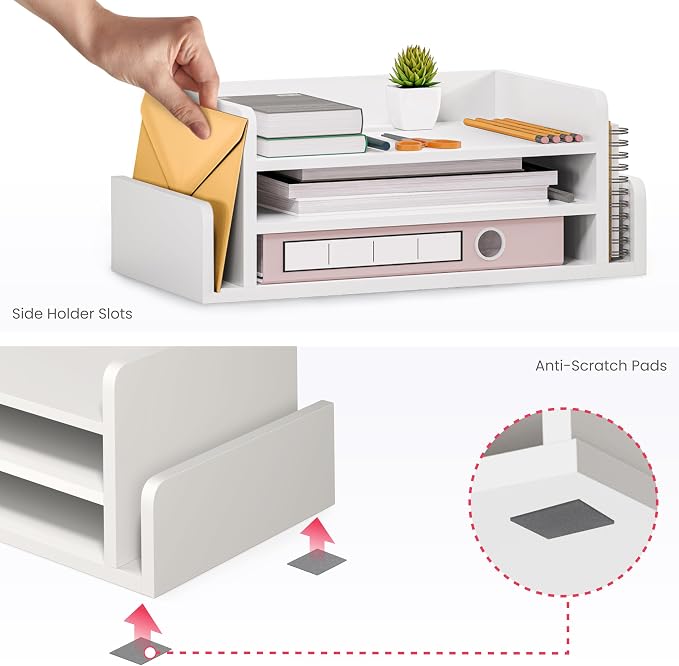 Ballucci 3-Tier Desk Organizer with 2 Side Mail Sorter Slots, Wood Letter Tray, Open Top Paper Organizer, Desktop File Organizer, White - Image 6