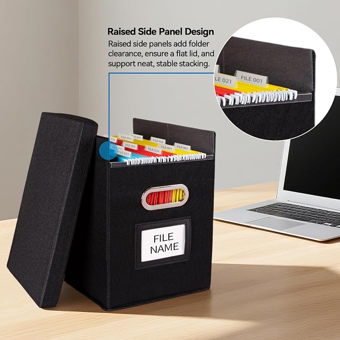 2 Pack Hanging File Folders Organizer with Lid, Letter Size Fabric File Storage Box Collapsible, Portable Office Document Holder with Metal Handle, Smooth PVC Rails, Black - Image 4