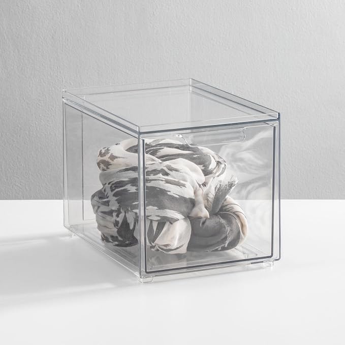 mDesign Shoe Storage Box with Drawer – Sturdy Plastic Storage Box for Shoes – Stackable Drawer Box for Shoes, Accessories and More – Pack of 4 – Clear - Image 2