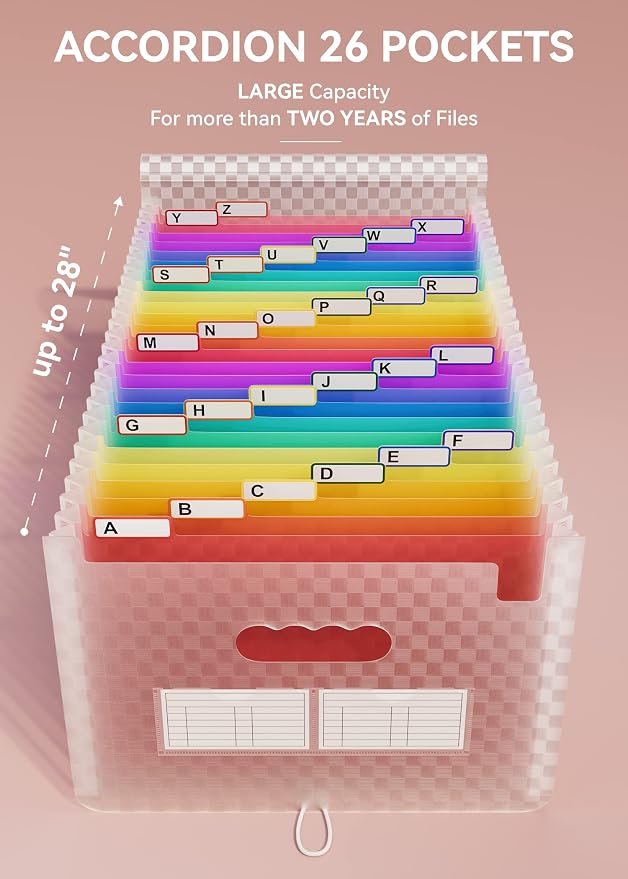 ABC life 26 Pockets Accordion File Organizer, Expanding File Folder, Pink | Portable Monthly Paper Bill Tax Receipt Organizer, Letter/A4 Size, Document Organizer with Labels, for School, Home, Office - Image 2