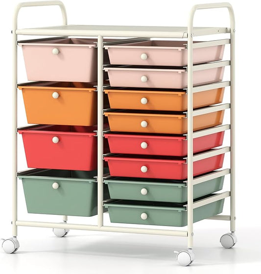 COSTWAY 12 Drawer Rolling Storage Cart, Utility Cart with Metal Frame | Mobile Art Supply Craft Organizer, Multipurpose Storage Organizer for Paper, Office, School Teacher, Classroom, Macaron by COSTWAY