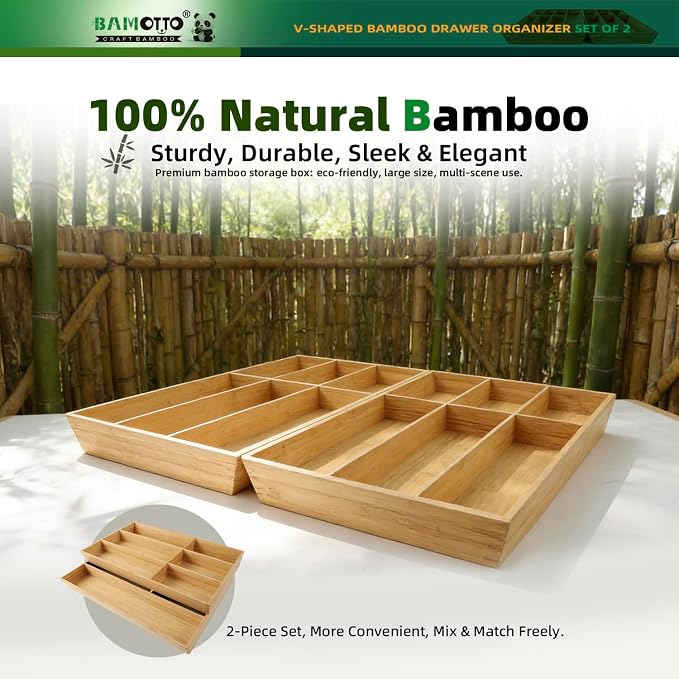 BAMOTTO CRAFTBAMBOO 13 Slot V-Shaped Bamboo Drawer Organizer Set of 2 | Cutlery Tray | Silverware & Flatware Organizer | Utensil | Kitchen & Bathroom | Extra Large 19.6"×14.6" & 19.6"×12.4" - Image 6