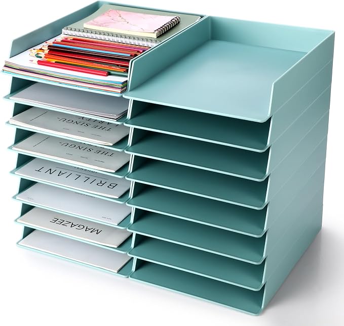 Tatuo 16 Pack Stackable Paper Trays Plastic Letter Tray Desk Organizer Paper Holder Organizer Storage Office Desk Accessories for Classroom Magazine File Documents 12.8 x 9.45 x 1.97, Blue Green by Tatuo