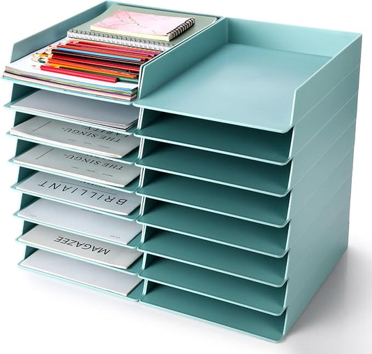 Tatuo 16 Pack Stackable Paper Trays Plastic Letter Tray Desk Organizer Paper Holder Organizer Storage Office Desk Accessories for Classroom Magazine File Documents 12.8 x 9.45 x 1.97, Blue Green by Tatuo
