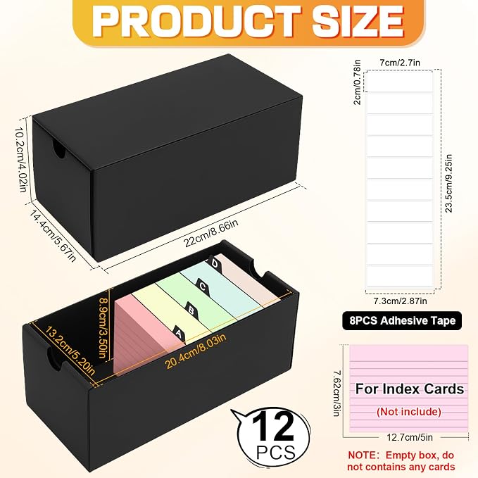 12Packs 3x5 Index Card Box,Index Card Organizer Box with Lid,Hold 12000 Cards,Black Recipe Holder for 3''x5'' Notecard Recipe Flashcard Card - Image 2