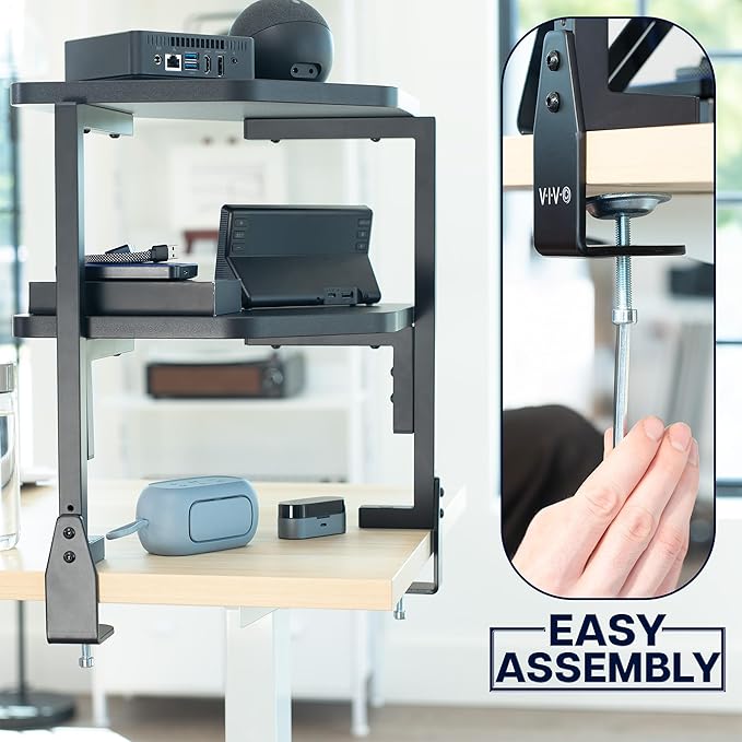VIVO Corner Clamp-on 17 inch Above or Below Desk 2-Tier Shelving Unit for Table Accessories, Gaming Devices, and More, Storage Desk Attachment Organizer, Black, STAND-SHELF2CR - Image 5