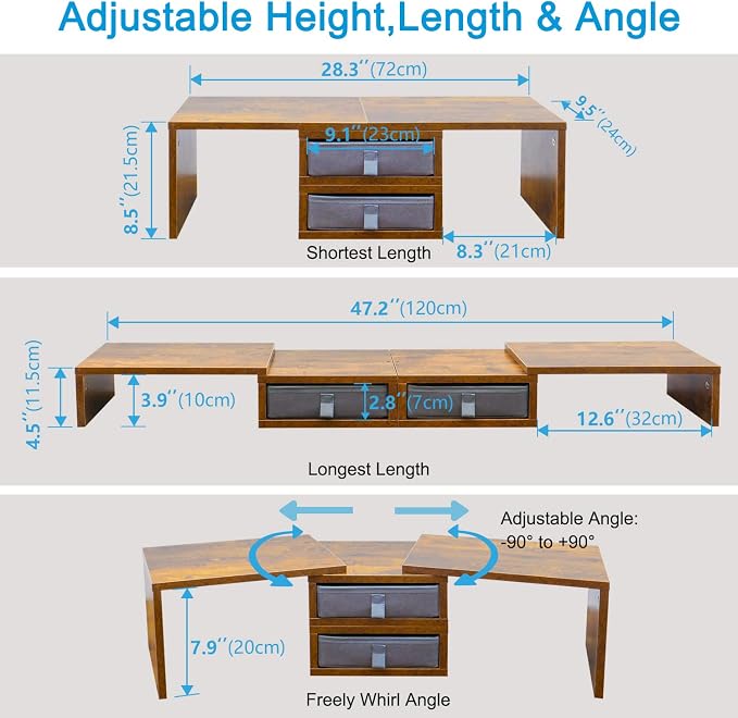 TEAMIX 2 Pack and 2 Drawers Rustic Brown Wood Monitor Stand Riser for 2 Monitors/Laptop/PC, Wood Screen/TV Stand Desk Organizer. - Image 4
