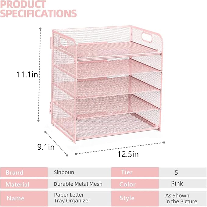 Sinboun Letter Tray Paper Organizer 5-Tier Desk Organizer File Organizer Paper Holder with Handle, Metal Desktop Document Shelf Tray Office Classroom Organization - Pink, PK5CENGTISHOU - Image 2