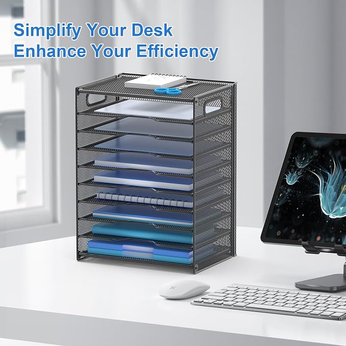 OUTWOLF 10 Tier Paper Organizer - Letter Tray Mesh Desk File Organizer with Handles for Office School Desktop, Black 2 Pack - Image 2