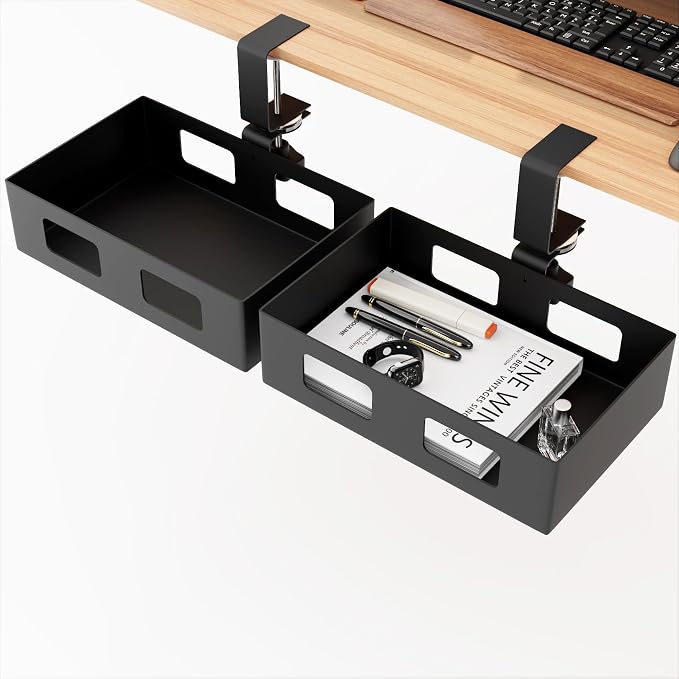 2 Pack Clamp-on Swivel Organizer, Under Desk Hidden Storage Drawer with Cable Hole, Hanging Metal Basket for Extender Space by GAXOMO