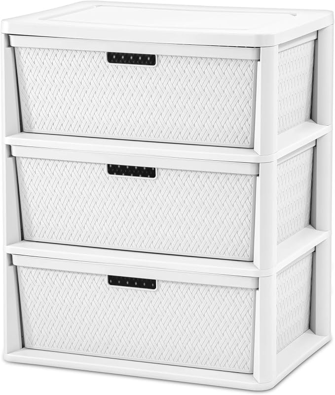 2Pack,3-Drawer Storage Tower, Wide Plastic Organizer with Removable Bins | Decorative Weave Design, Tool-Free Assembly, Removable Bins, Carry Handles, Drawer Stops, BPA-Free,White - Image 3