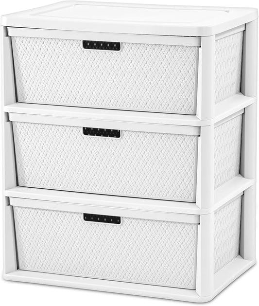 3-Drawer Storage Tower, Wide Plastic Organizer with Removable Bins, White | Decorative Weave Design, Tool-Free Assembly, Removable Bins, Carry Handles, Drawer Stops, BPA-Free by Unknown