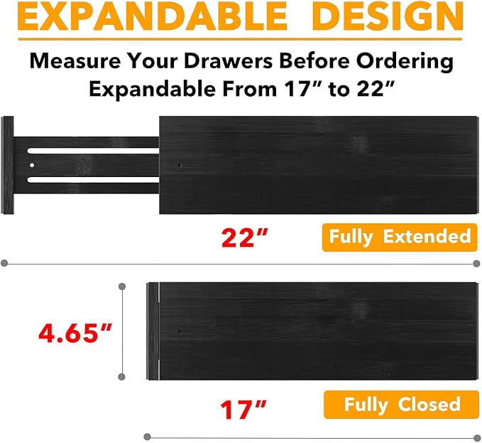 SpaceAid Bamboo Dresser Drawer Dividers 6 Pack, 4.65“ High Adjustable 17“-22” Drawer Organizers, Expandable Organization for Clothing, Clothes, Dressers, Black - Image 3