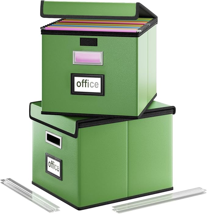 File Organizer Box with Lids, Collapsible File Folder Organizer | File Box with Plastic Slides for Document, Filing Bin for Letter Size Hanging File Folders (2 Pack, Green, Leather) by Huolewa